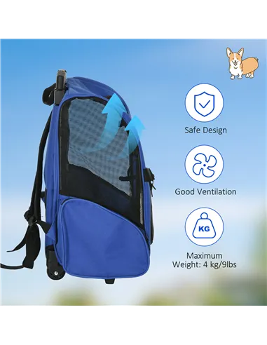 PawHut Pet Travel Backpack Bag Cat Puppy Dog Carrier w/ Trolley and Telescopic Handle Portable Stroller Wheel Luggage Bag (Blue)