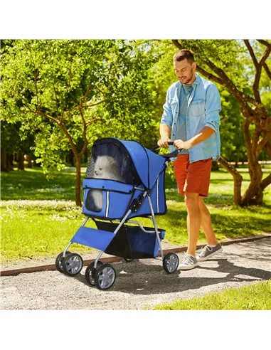 PawHut Pet Stroller for Small Miniature Dogs Cats Foldable Travel Carriage with Wheels Zipper Entry Cup Holder Storage Basket Bl