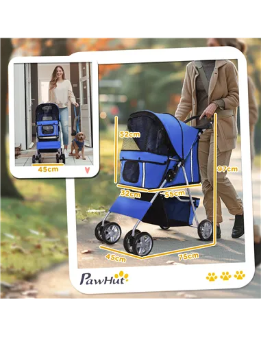 PawHut Pet Stroller for Small Miniature Dogs Cats Foldable Travel Carriage with Wheels Zipper Entry Cup Holder Storage Basket Bl