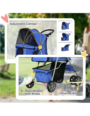 PawHut Pet Stroller for Small Miniature Dogs Cats Foldable Travel Carriage with Wheels Zipper Entry Cup Holder Storage Basket Bl