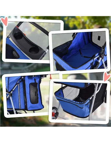 PawHut Pet Stroller for Small Miniature Dogs Cats Foldable Travel Carriage with Wheels Zipper Entry Cup Holder Storage Basket Bl