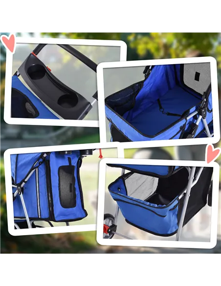 PawHut Pet Stroller for Small Miniature Dogs Cats Foldable Travel Carriage with Wheels Zipper Entry Cup Holder Storage Basket Bl