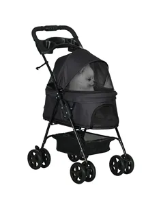 PawHut Dog Pram Dog Stroller Foldable Pet Pushchair with 4 Wheels, Safety Leashes, Cup Holder for Small Dogs, Black