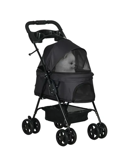 PawHut Dog Pram Dog Stroller Foldable Pet Pushchair with 4 Wheels, Safety Leashes, Cup Holder for Small Dogs, Black