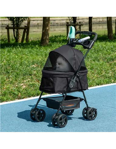 PawHut Dog Pram Dog Stroller Foldable Pet Pushchair with 4 Wheels, Safety Leashes, Cup Holder for Small Dogs, Black