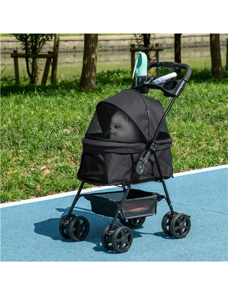 PawHut Dog Pram Dog Stroller Foldable Pet Pushchair with 4 Wheels, Safety Leashes, Cup Holder for Small Dogs, Black