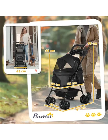 PawHut Dog Pram Dog Stroller Foldable Pet Pushchair with 4 Wheels, Safety Leashes, Cup Holder for Small Dogs, Black