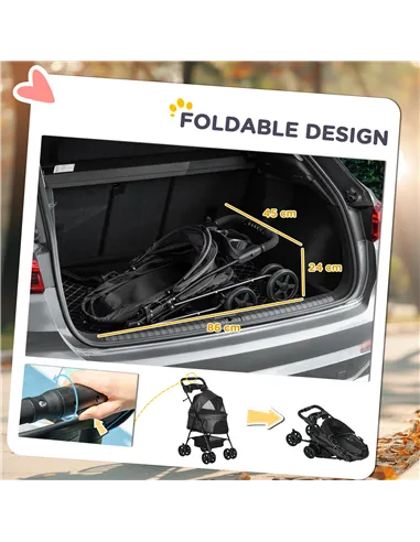 PawHut Dog Pram Dog Stroller Foldable Pet Pushchair with 4 Wheels, Safety Leashes, Cup Holder for Small Dogs, Black