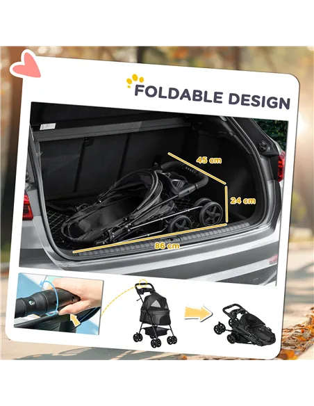PawHut Dog Pram Dog Stroller Foldable Pet Pushchair with 4 Wheels, Safety Leashes, Cup Holder for Small Dogs, Black