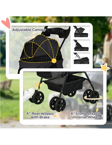 PawHut Dog Pram Dog Stroller Foldable Pet Pushchair with 4 Wheels, Safety Leashes, Cup Holder for Small Dogs, Black