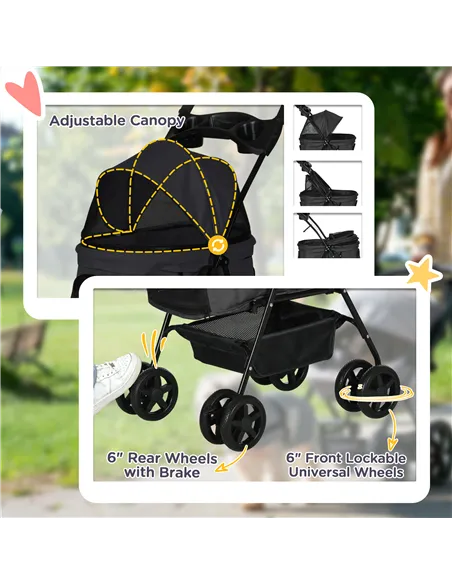 PawHut Dog Pram Dog Stroller Foldable Pet Pushchair with 4 Wheels, Safety Leashes, Cup Holder for Small Dogs, Black