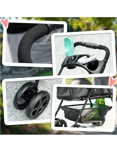 PawHut Dog Pram Dog Stroller Foldable Pet Pushchair with 4 Wheels, Safety Leashes, Cup Holder for Small Dogs, Black