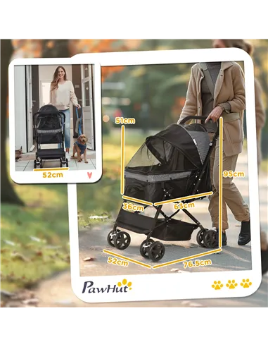 PawHut Pet Stroller Pushchair Foldable Travel Dog Cat Carriage w/ Reversible Handle Brake Basket