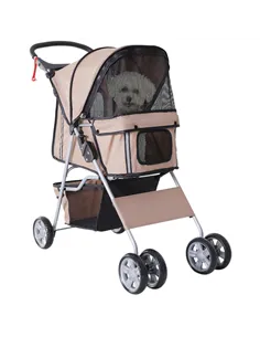PawHut Pet Stroller for Small Miniature Dogs Cats Foldable Travel Carriage with Wheels Zipper Entry Cup Holder Storage Basket Br