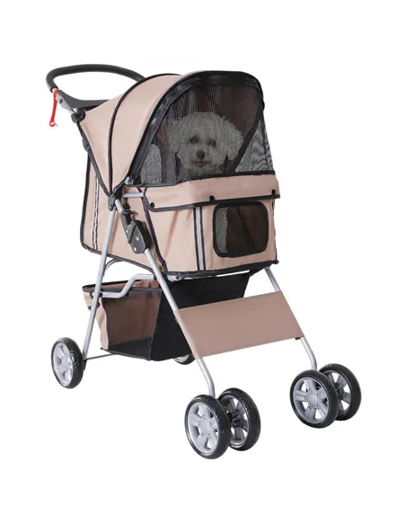 PawHut Pet Stroller for Small Miniature Dogs Cats Foldable Travel Carriage with Wheels Zipper Entry Cup Holder Storage Basket Br