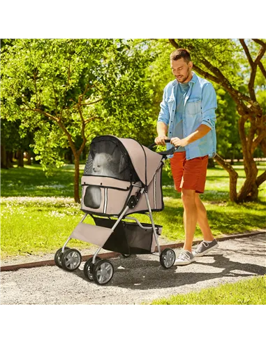 PawHut Pet Stroller for Small Miniature Dogs Cats Foldable Travel Carriage with Wheels Zipper Entry Cup Holder Storage Basket Br