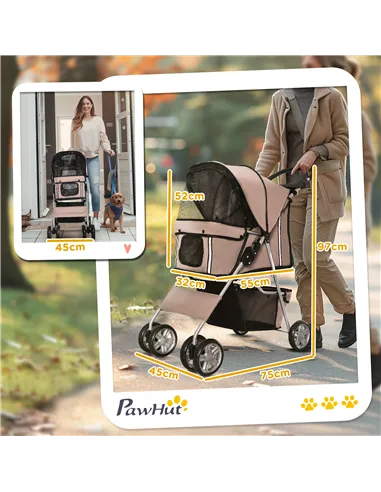 PawHut Pet Stroller for Small Miniature Dogs Cats Foldable Travel Carriage with Wheels Zipper Entry Cup Holder Storage Basket Br