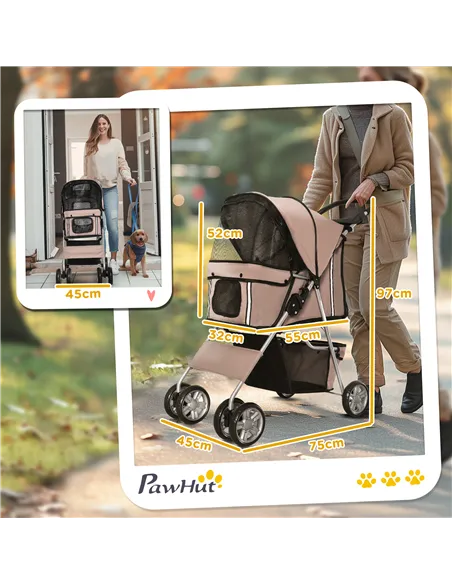 PawHut Pet Stroller for Small Miniature Dogs Cats Foldable Travel Carriage with Wheels Zipper Entry Cup Holder Storage Basket Br
