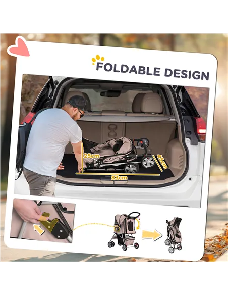PawHut Pet Stroller for Small Miniature Dogs Cats Foldable Travel Carriage with Wheels Zipper Entry Cup Holder Storage Basket Br