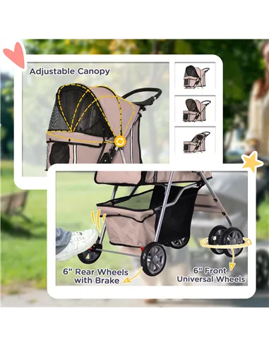 PawHut Pet Stroller for Small Miniature Dogs Cats Foldable Travel Carriage with Wheels Zipper Entry Cup Holder Storage Basket Br