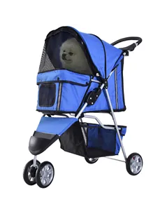 PawHut Dog Stroller, 3 Wheels Foldable Cat Dog Pram with Cup Holder, Storage Basket, Pet Stroller for Small Miniature Dogs, Blue