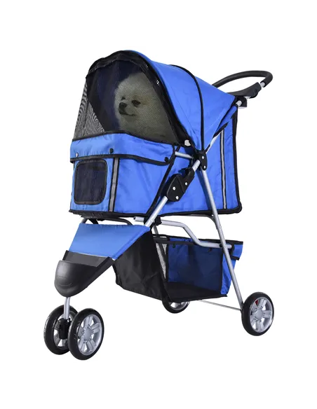 PawHut Dog Stroller, 3 Wheels Foldable Cat Dog Pram with Cup Holder, Storage Basket, Pet Stroller for Small Miniature Dogs, Blue