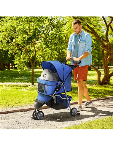 PawHut Dog Stroller, 3 Wheels Foldable Cat Dog Pram with Cup Holder, Storage Basket, Pet Stroller for Small Miniature Dogs, Blue