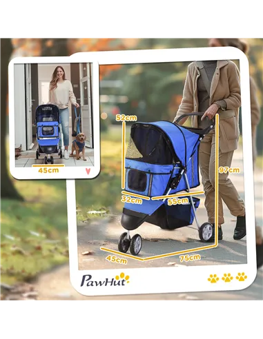 PawHut Dog Stroller, 3 Wheels Foldable Cat Dog Pram with Cup Holder, Storage Basket, Pet Stroller for Small Miniature Dogs, Blue