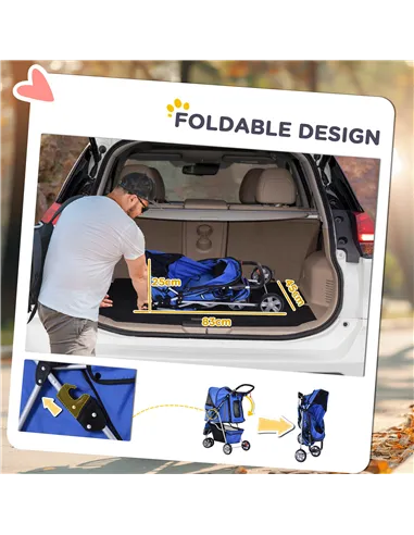 PawHut Dog Stroller, 3 Wheels Foldable Cat Dog Pram with Cup Holder, Storage Basket, Pet Stroller for Small Miniature Dogs, Blue