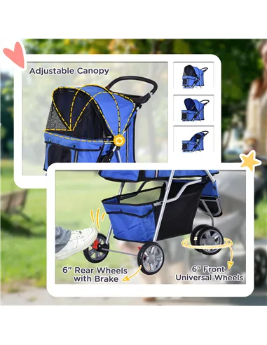 PawHut Dog Stroller, 3 Wheels Foldable Cat Dog Pram with Cup Holder, Storage Basket, Pet Stroller for Small Miniature Dogs, Blue