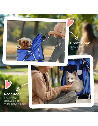 PawHut Dog Stroller, 3 Wheels Foldable Cat Dog Pram with Cup Holder, Storage Basket, Pet Stroller for Small Miniature Dogs, Blue