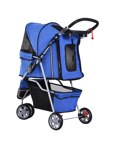PawHut Dog Stroller, 3 Wheels Foldable Cat Dog Pram with Cup Holder, Storage Basket, Pet Stroller for Small Miniature Dogs, Blue