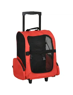 PawHut Pet Travel Backpack Bag Cat Puppy Dog Carrier w/ Trolley and Telescopic Handle Portable Stroller Wheel Luggage Bag (Red)
