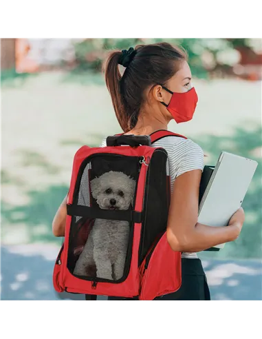PawHut Pet Travel Backpack Bag Cat Puppy Dog Carrier w/ Trolley and Telescopic Handle Portable Stroller Wheel Luggage Bag (Red)