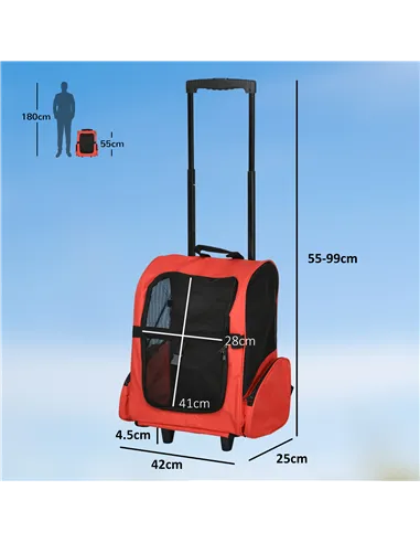 PawHut Pet Travel Backpack Bag Cat Puppy Dog Carrier w/ Trolley and Telescopic Handle Portable Stroller Wheel Luggage Bag (Red)