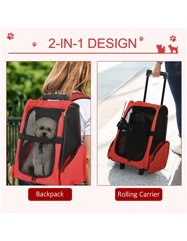 PawHut Pet Travel Backpack Bag Cat Puppy Dog Carrier w/ Trolley and Telescopic Handle Portable Stroller Wheel Luggage Bag (Red)