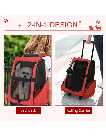 PawHut Pet Travel Backpack Bag Cat Puppy Dog Carrier w/ Trolley and Telescopic Handle Portable Stroller Wheel Luggage Bag (Red)