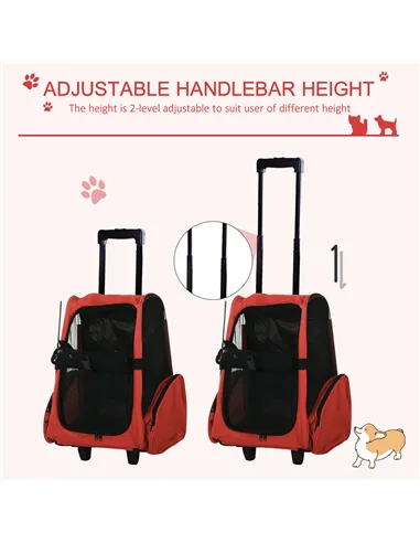 PawHut Pet Travel Backpack Bag Cat Puppy Dog Carrier w/ Trolley and Telescopic Handle Portable Stroller Wheel Luggage Bag (Red)