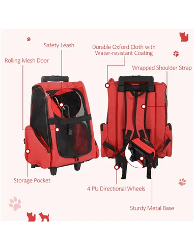 PawHut Pet Travel Backpack Bag Cat Puppy Dog Carrier w/ Trolley and Telescopic Handle Portable Stroller Wheel Luggage Bag (Red)