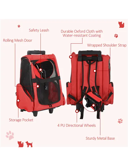 PawHut Pet Travel Backpack Bag Cat Puppy Dog Carrier w/ Trolley and Telescopic Handle Portable Stroller Wheel Luggage Bag (Red)