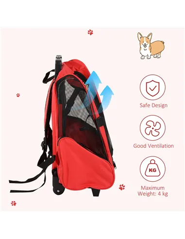 PawHut Pet Travel Backpack Bag Cat Puppy Dog Carrier w/ Trolley and Telescopic Handle Portable Stroller Wheel Luggage Bag (Red)