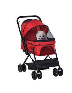 PawHut Pet Stroller Pushchair Foldable Travel Dog Cat Carriage w/ Reversible Handle Brake Basket