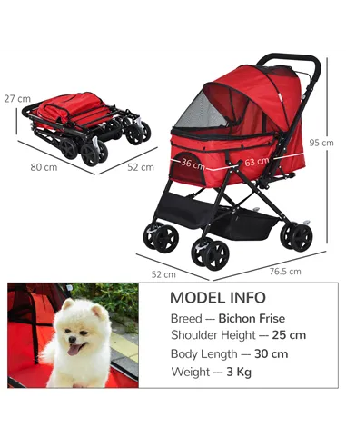 PawHut Pet Stroller Pushchair Foldable Travel Dog Cat Carriage w/ Reversible Handle Brake Basket