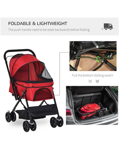 PawHut Pet Stroller Pushchair Foldable Travel Dog Cat Carriage w/ Reversible Handle Brake Basket