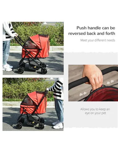 PawHut Pet Stroller Pushchair Foldable Travel Dog Cat Carriage w/ Reversible Handle Brake Basket