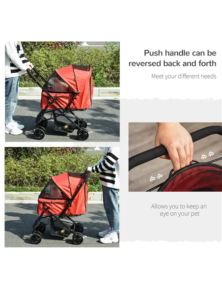 PawHut Pet Stroller Pushchair Foldable Travel Dog Cat Carriage w/ Reversible Handle Brake Basket
