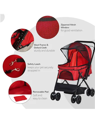 PawHut Pet Stroller Pushchair Foldable Travel Dog Cat Carriage w/ Reversible Handle Brake Basket