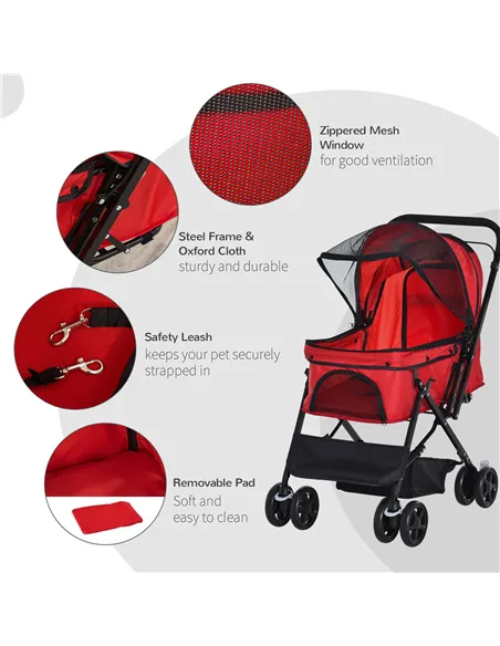 PawHut Pet Stroller Pushchair Foldable Travel Dog Cat Carriage w/ Reversible Handle Brake Basket