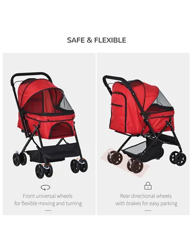 PawHut Pet Stroller Pushchair Foldable Travel Dog Cat Carriage w/ Reversible Handle Brake Basket