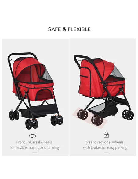 PawHut Pet Stroller Pushchair Foldable Travel Dog Cat Carriage w/ Reversible Handle Brake Basket